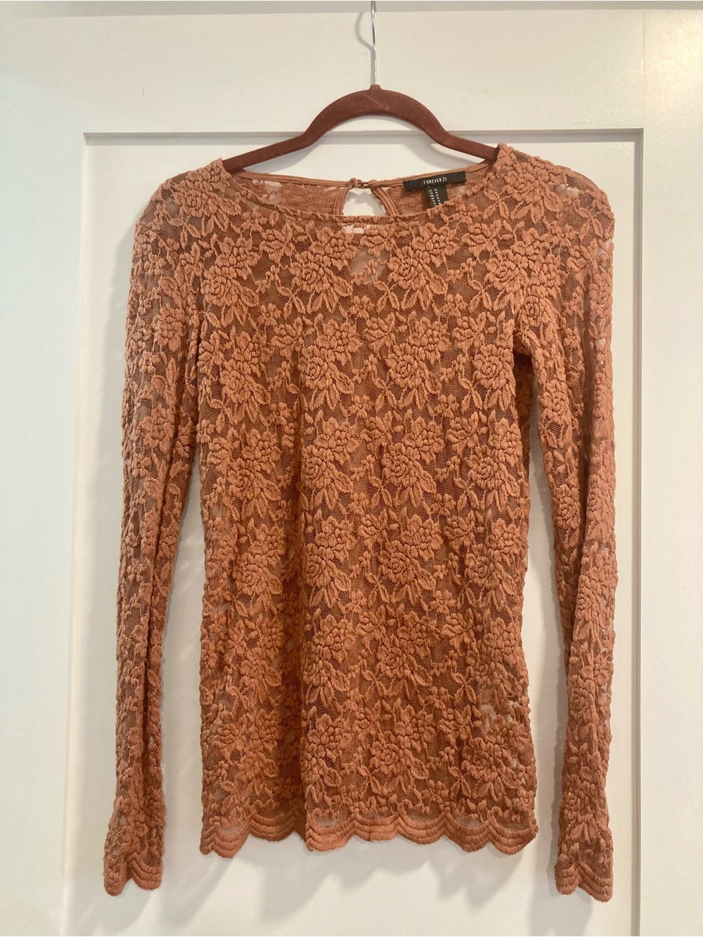 Forever 21 Cinnamon Color Semi -Sheer Lace Long-Sleeve Top